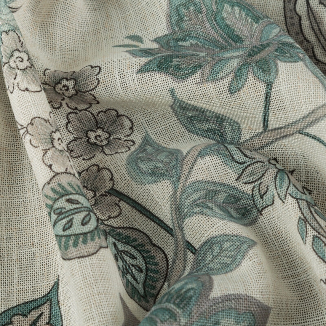 Záves 140x250 cm ľanový prírodný s modrým rastlinným vzorom na kovové krúžky TALI