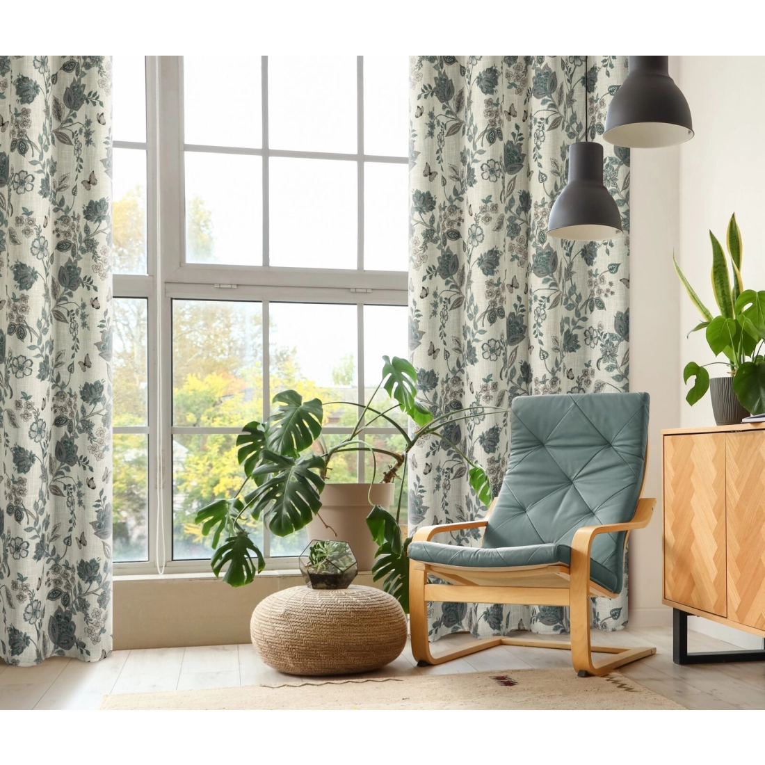 Záves 140x250 cm ľanový prírodný s modrým rastlinným vzorom na kovové krúžky TALI