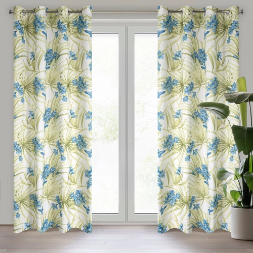 Záves 140x250 cm matný biely modré kvety na kovové krúžky MARI