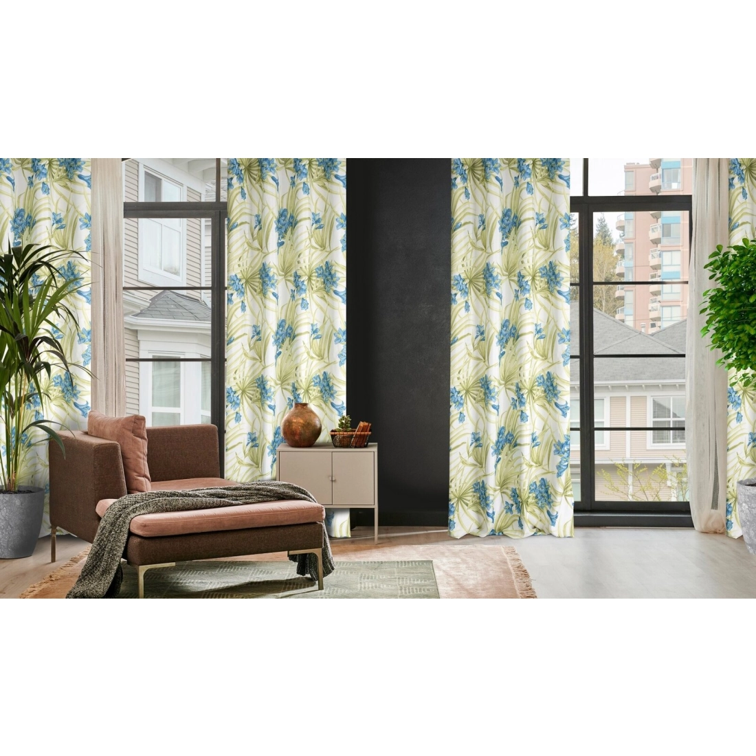 Záves 140x250 cm matný biely modré kvety na kovové krúžky MARI