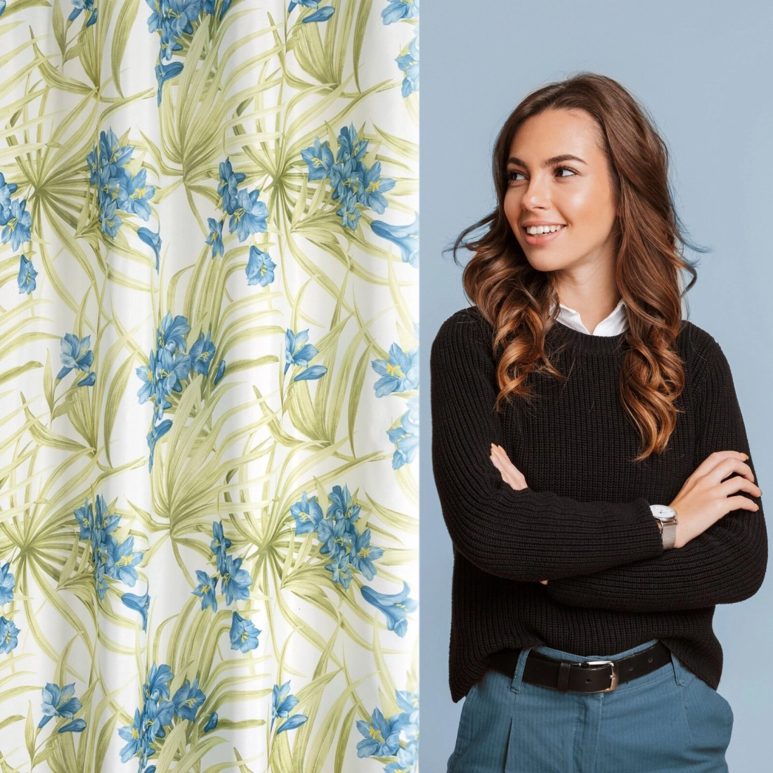 Záves 140x250 cm matný biely modré kvety na kovové krúžky MARI