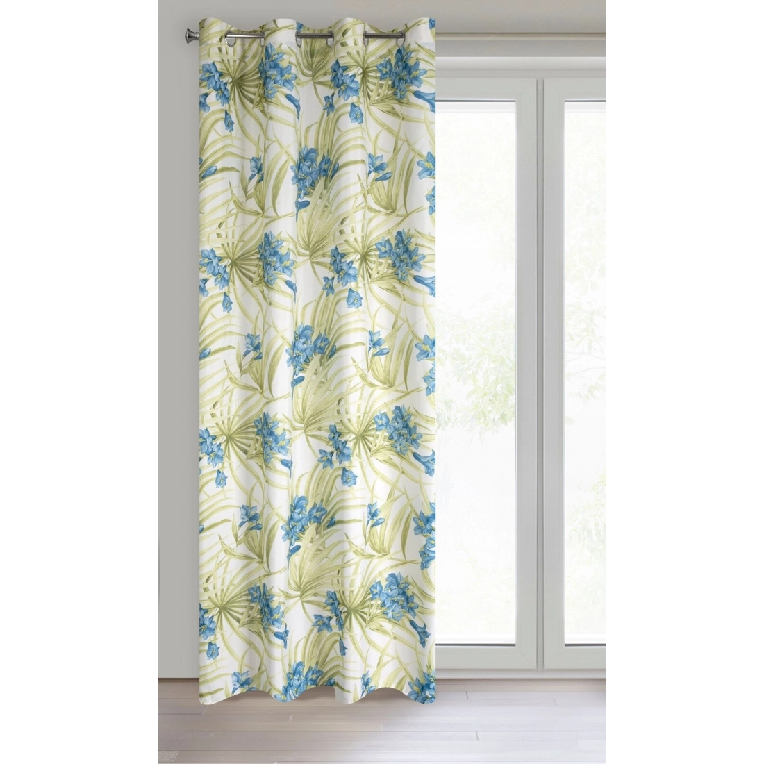 Záves 140x250 cm matný biely modré kvety na kovové krúžky MARI