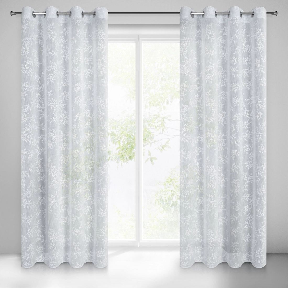 Závěs 140 x 250 cm matný šedý, bílý s kovovými kroužky AMBER