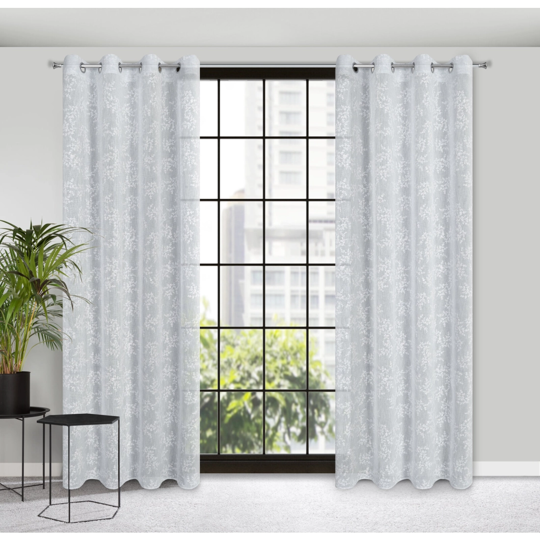 Závěs 140 x 250 cm matný šedý, bílý s kovovými kroužky AMBER