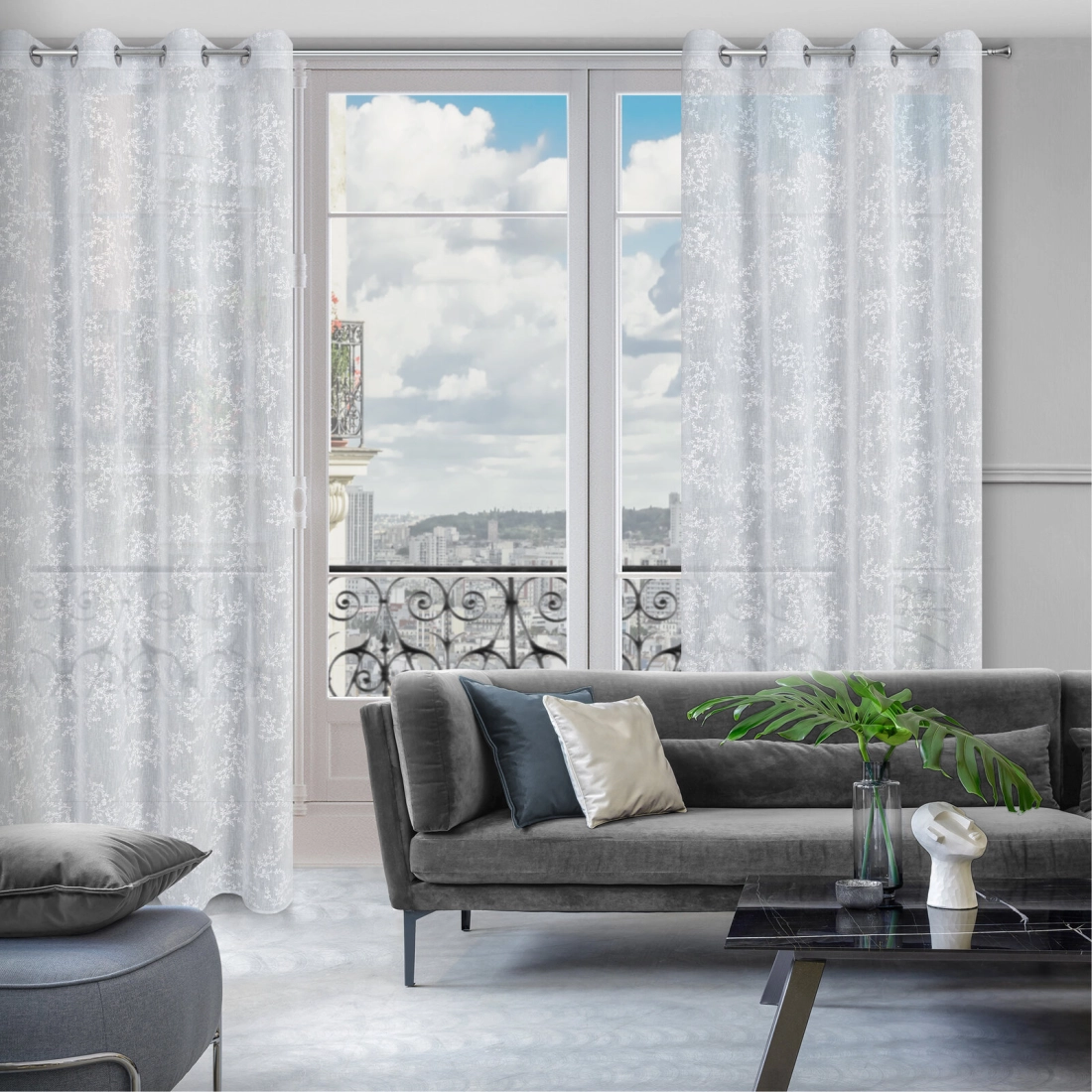 Závěs 140 x 250 cm matný šedý, bílý s kovovými kroužky AMBER