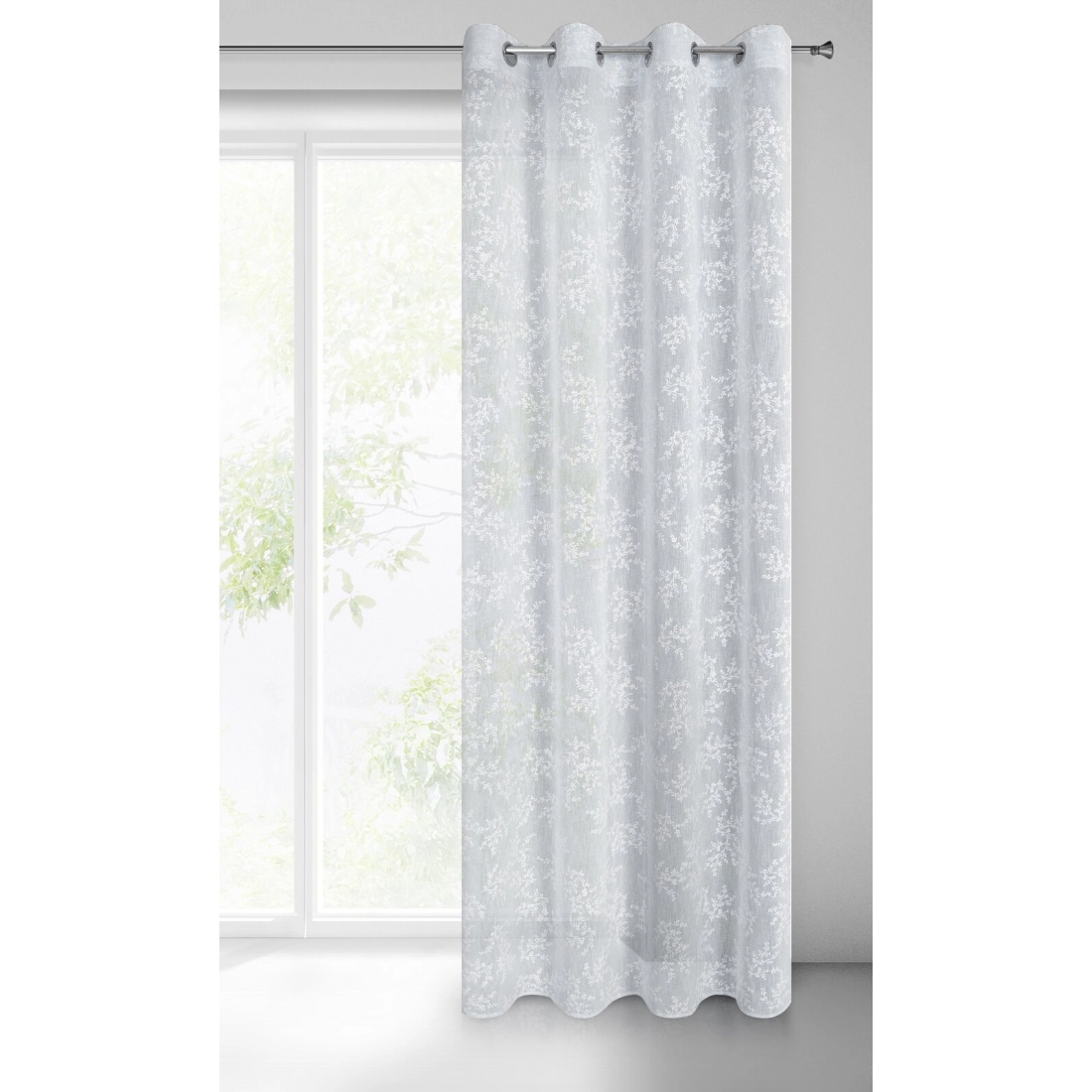 Závěs 140 x 250 cm matný šedý, bílý s kovovými kroužky AMBER