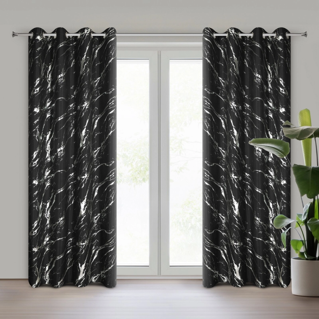 Závěs 140 x 250 cm z mikrovlákna černo-stříbrný na kovových kroužcích LANI