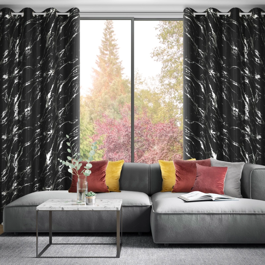 Závěs 140 x 250 cm z mikrovlákna černo-stříbrný na kovových kroužcích LANI