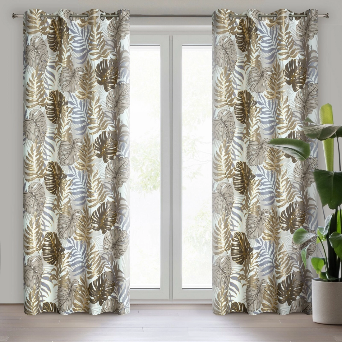 Záves 140x250 cm oxford hnedo-zlatý s motívom listov monstery na kovové krúžky KORFU