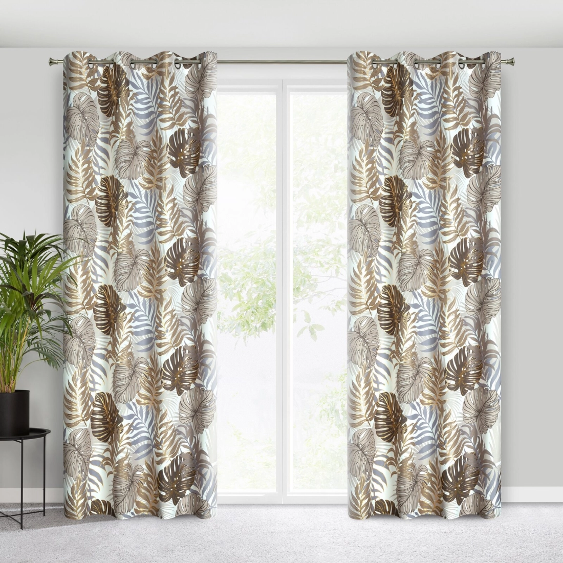 Záves 140x250 cm oxford hnedo-zlatý s motívom listov monstery na kovové krúžky KORFU