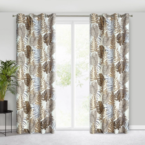 Záves 140x250 cm oxford hnedo-zlatý s motívom listov monstery na kovové krúžky KORFU