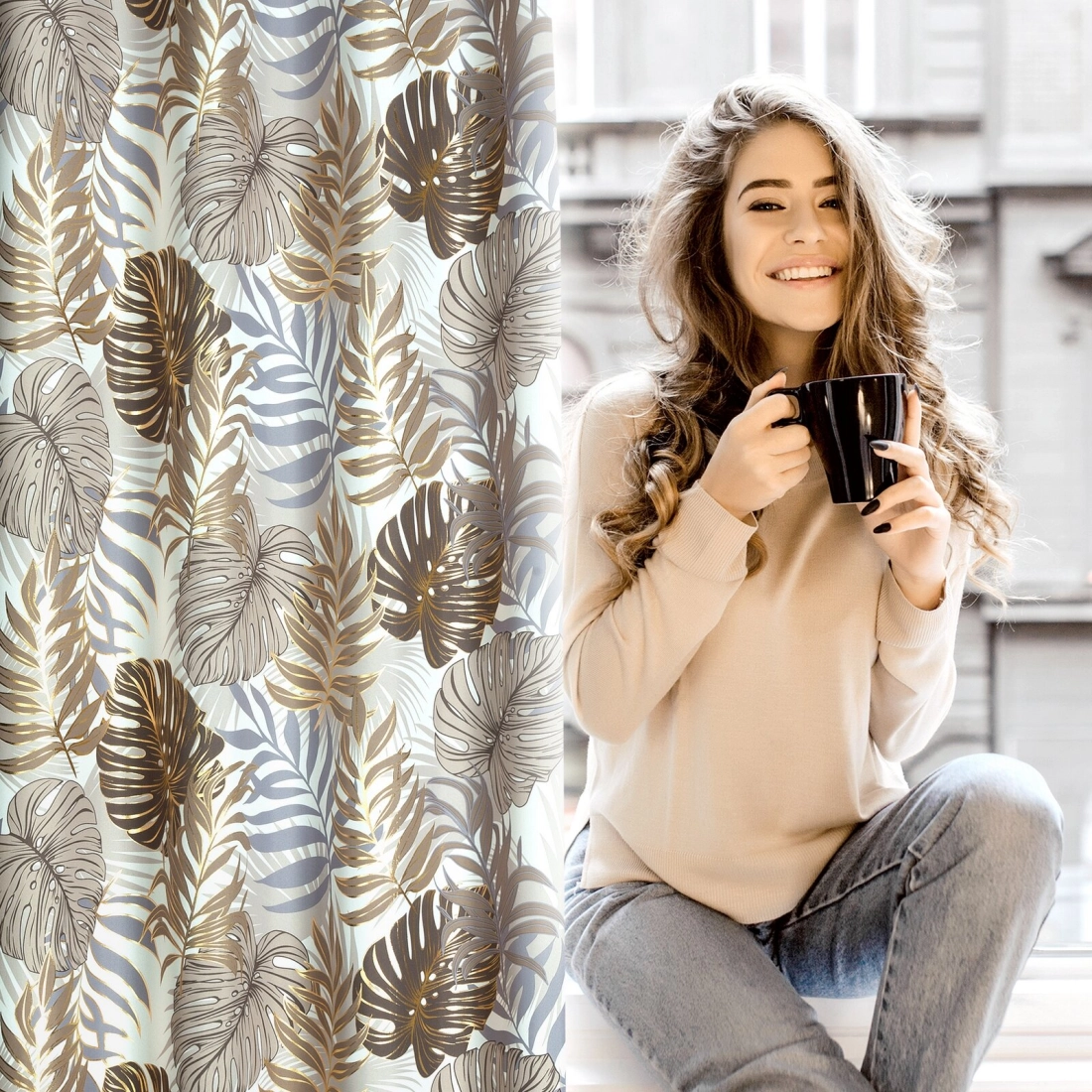 Záves 140x250 cm oxford hnedo-zlatý s motívom listov monstery na kovové krúžky KORFU