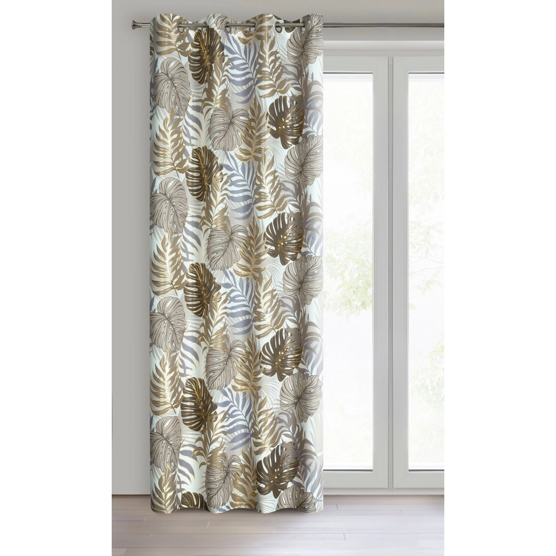 Záves 140x250 cm oxford hnedo-zlatý s motívom listov monstery na kovové krúžky KORFU