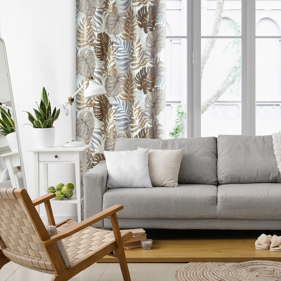 Záves 140x250 cm oxford hnedo-zlatý s motívom listov monstery na kovové krúžky KORFU