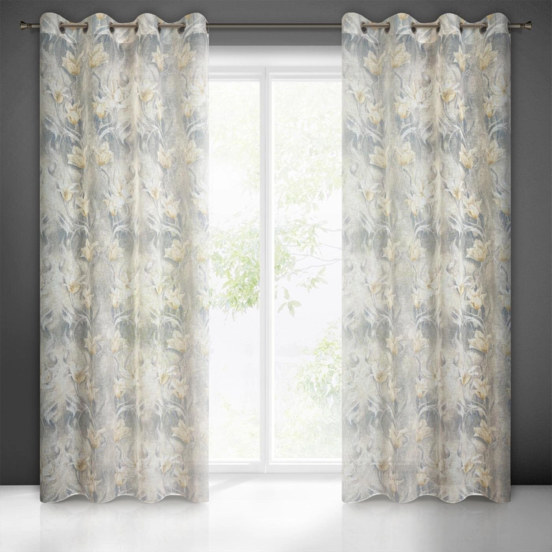 Závěs 140 x 250 cm poloprůhledný s květinovým potiskem šedo-béžový na kovových kroužcích OLA