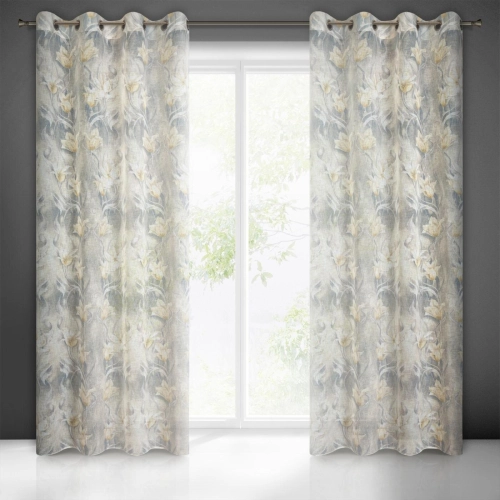 Záves 140x250 cm polopriehľadný s kvetinovou potlačou sivo-béžový na kovové krúžky OLA