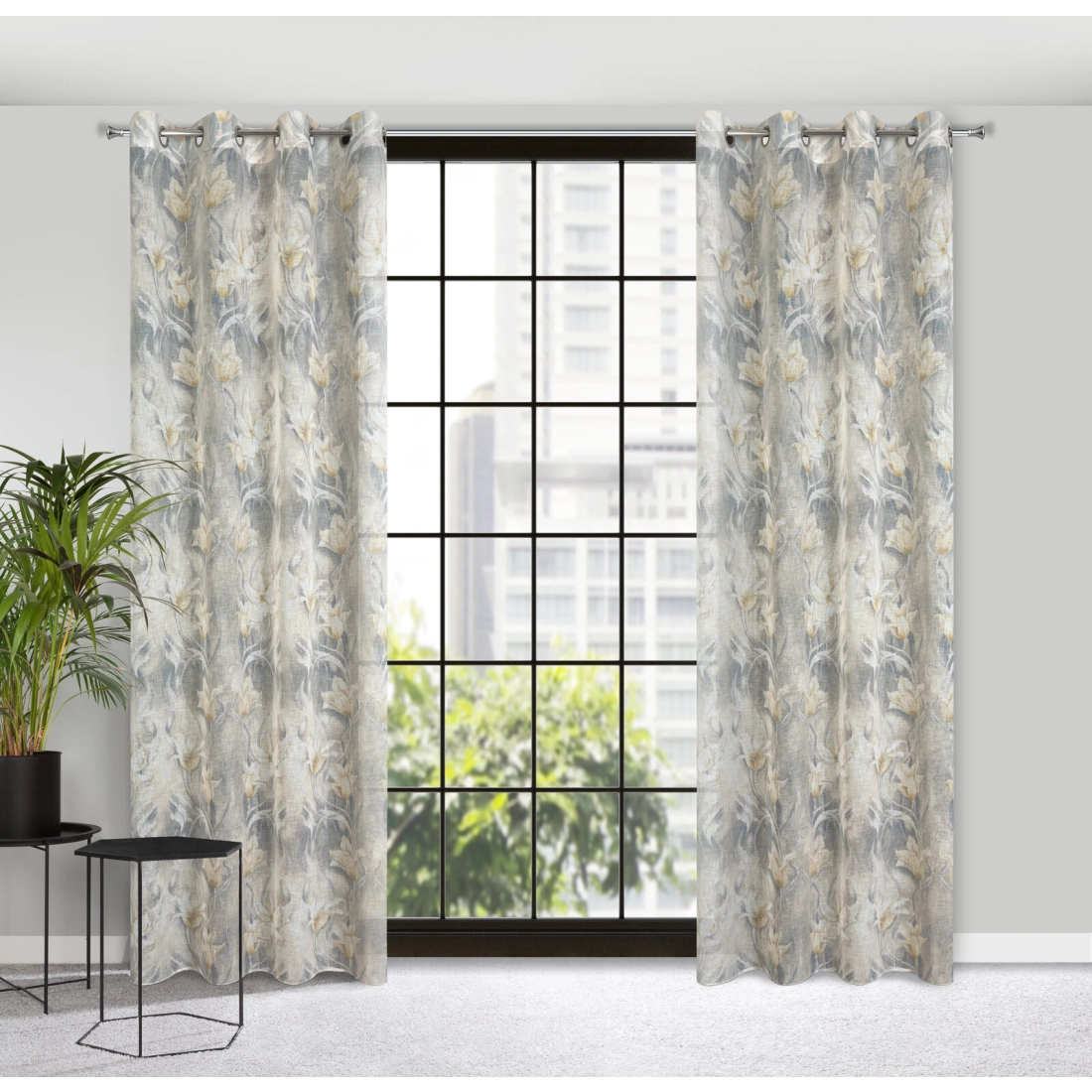 Závěs 140 x 250 cm poloprůhledný s květinovým potiskem šedo-béžový na kovových kroužcích OLA