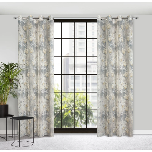 Záves 140x250 cm polopriehľadný s kvetinovou potlačou sivo-béžový na kovové krúžky OLA