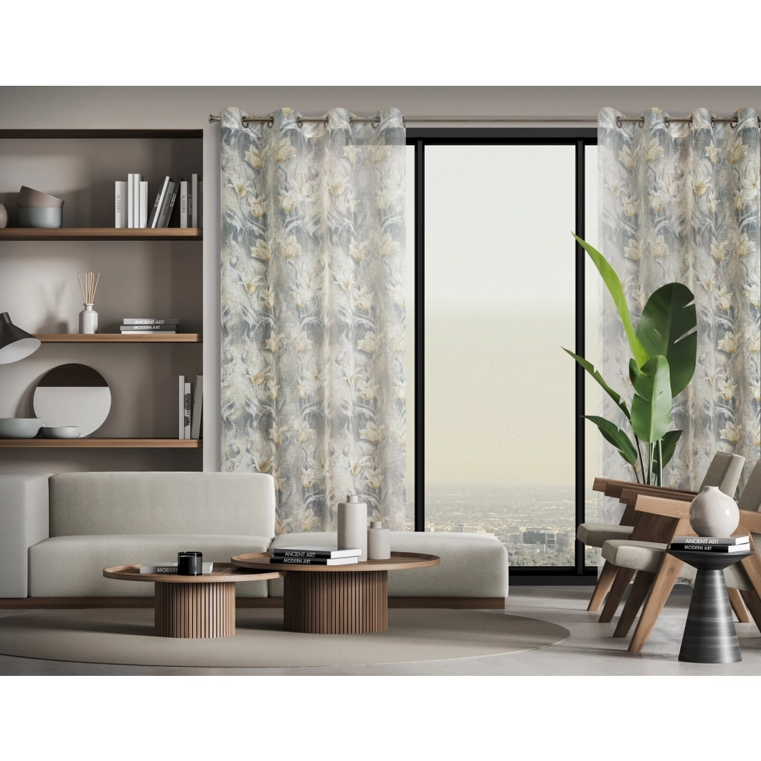 Závěs 140 x 250 cm poloprůhledný s květinovým potiskem šedo-béžový na kovových kroužcích OLA