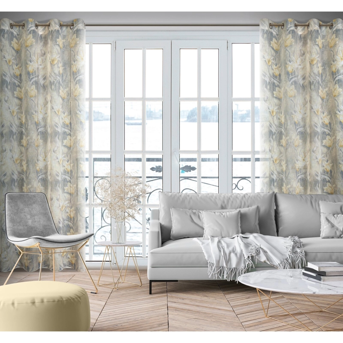 Závěs 140 x 250 cm poloprůhledný s květinovým potiskem šedo-béžový na kovových kroužcích OLA