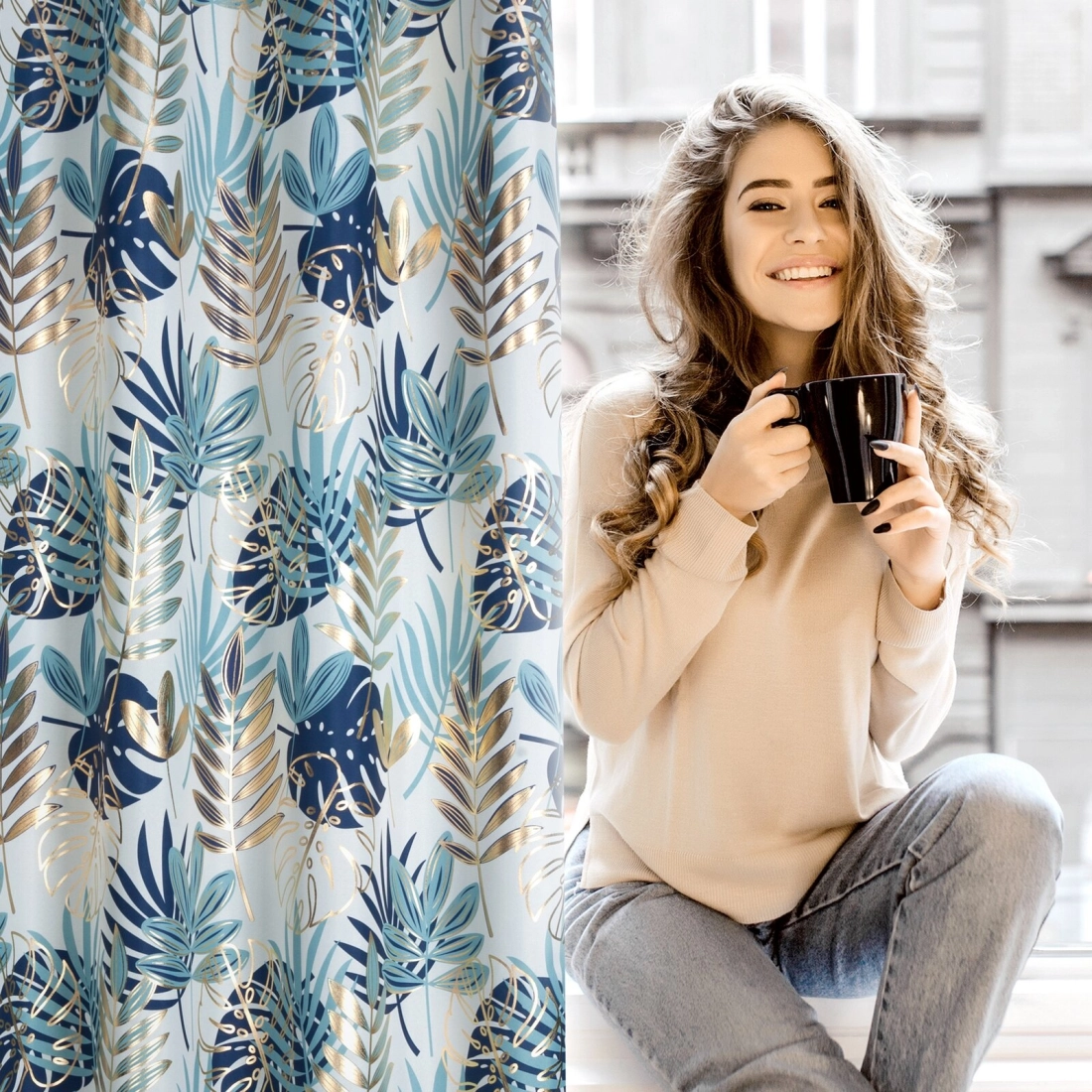 Záves 140x250 cm polyester bielo tyrkysový na kovové krúžky MALTA