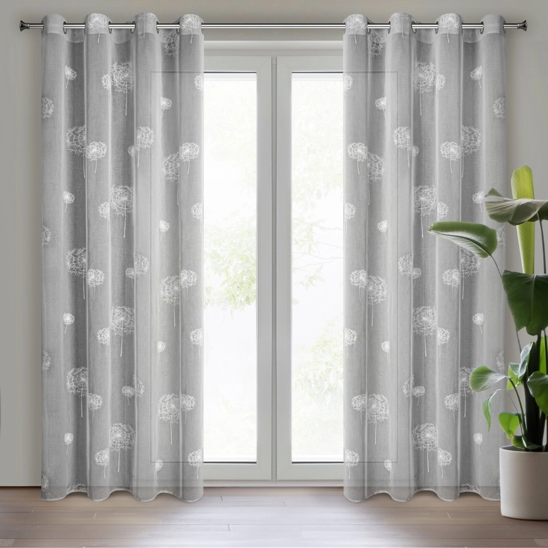 Záves 140x250 cm polyester sivobiely s motívom púpav na kovové krúžky SABINE