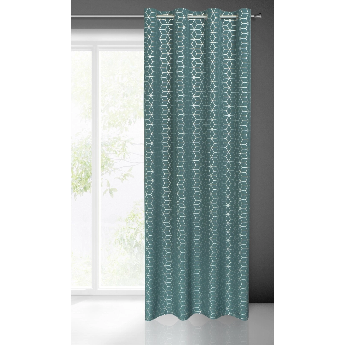 Závěs 140 × 250 cm polyester tmavě tyrkysový/stříbrný na kovových kroužcích CUBE