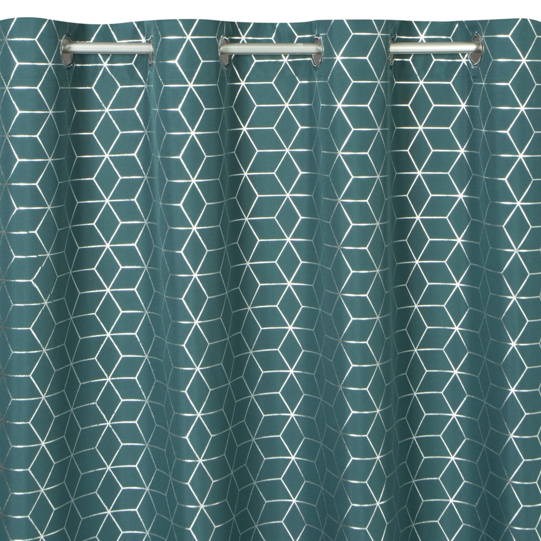 Závěs 140 × 250 cm polyester tmavě tyrkysový/stříbrný na kovových kroužcích CUBE