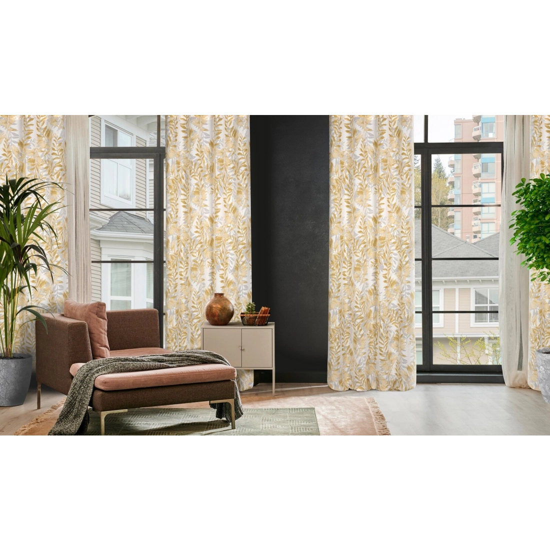 Záves 140x250 cm prírodný horčicové listy na kovové krúžky HARIET