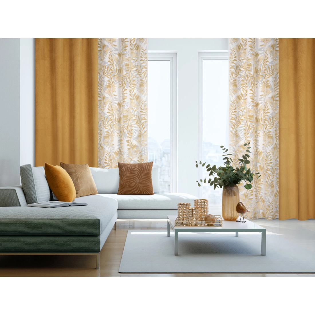 Záves 140x250 cm prírodný horčicové listy na kovové krúžky HARIET