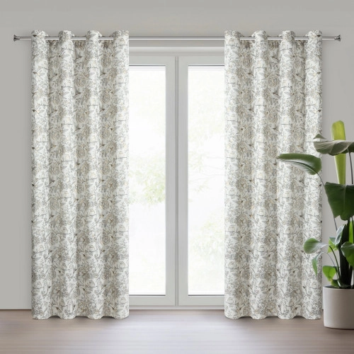 Záves 140x250 cm s ľanom prírodný s botanickým vzorom na kovové krúžky LUCINA 2