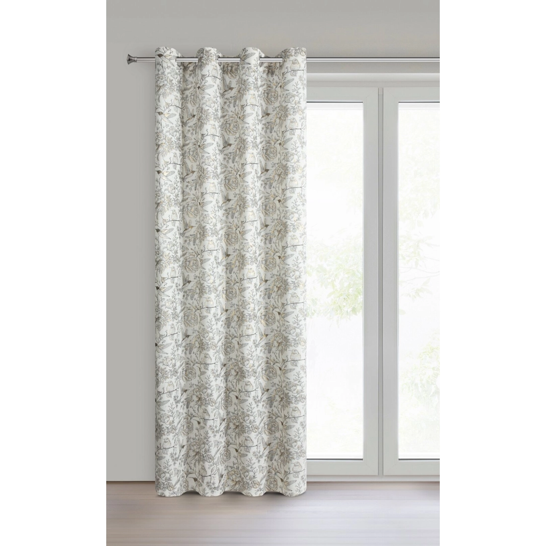 Záves 140x250 cm s ľanom prírodný s botanickým vzorom na kovové krúžky LUCINA 2