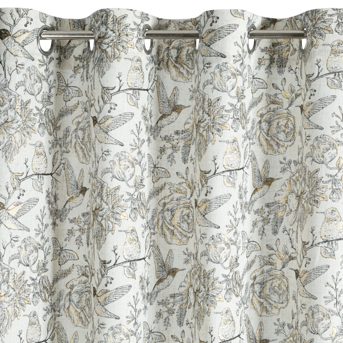 Záves 140x250 cm s ľanom prírodný s botanickým vzorom na kovové krúžky LUCINA 2