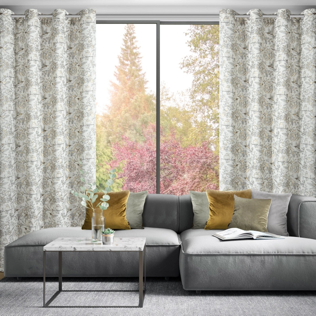 Záves 140x250 cm s ľanom prírodný s botanickým vzorom na kovové krúžky LUCINA 2