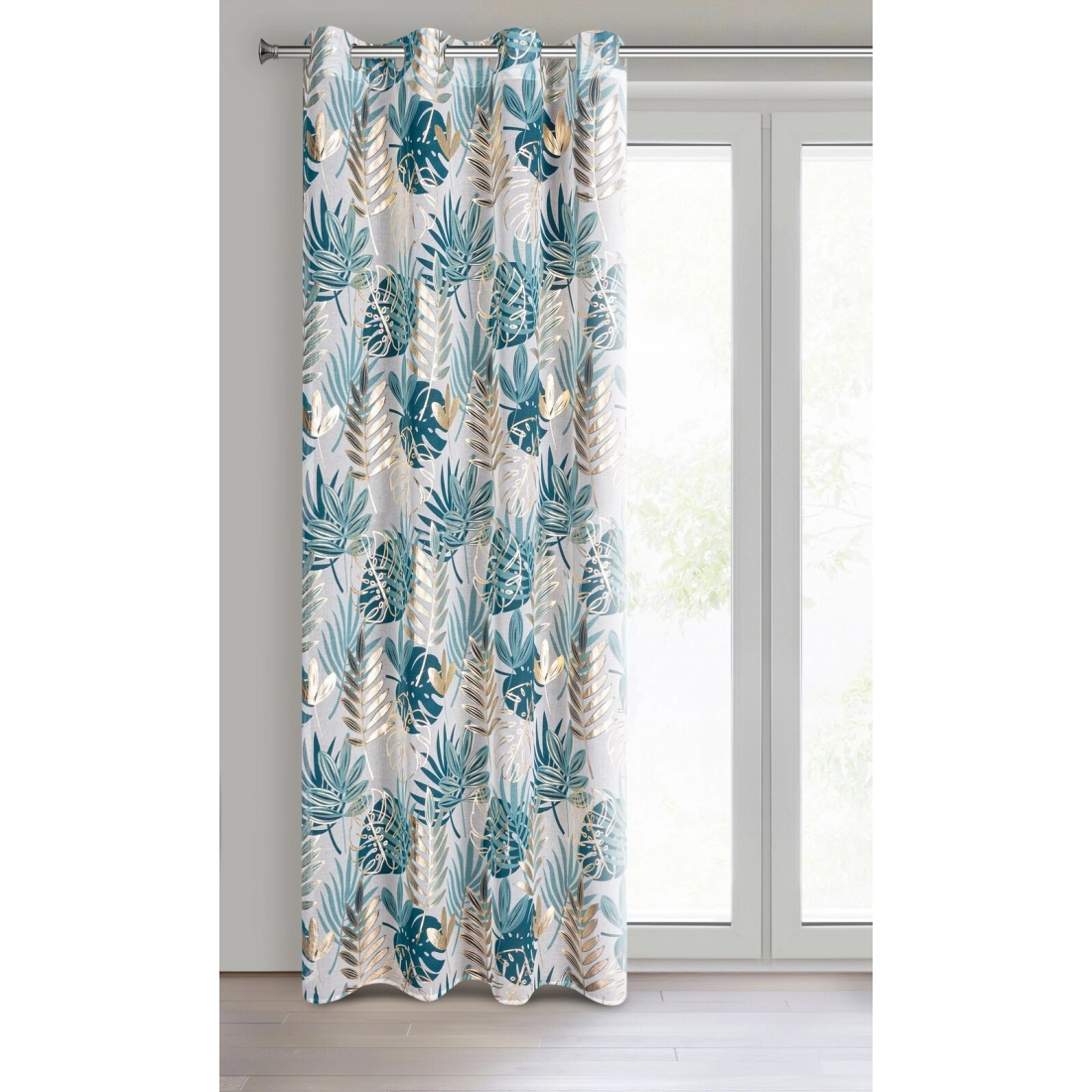 Záves 140x250 cm s motívom tyrkysovo zlatých listov na kovové krúžky KERI