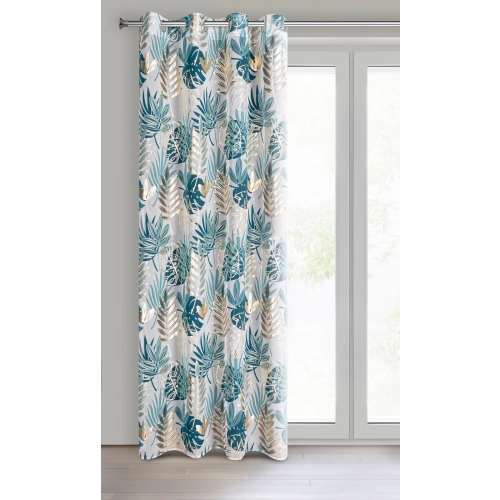 Záves 140x250 cm s motívom tyrkysovo zlatých listov na kovové krúžky KERI