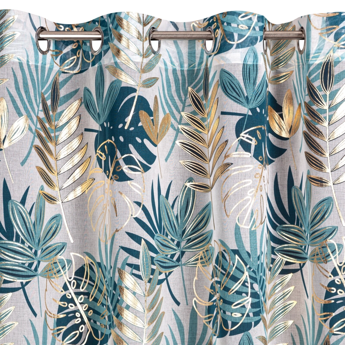 Záves 140x250 cm s motívom tyrkysovo zlatých listov na kovové krúžky KERI