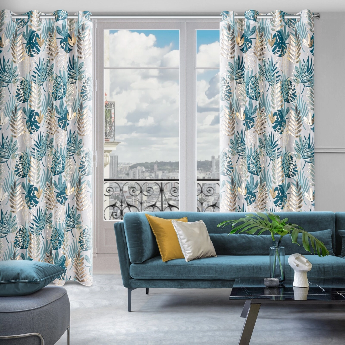 Záves 140x250 cm s motívom tyrkysovo zlatých listov na kovové krúžky KERI