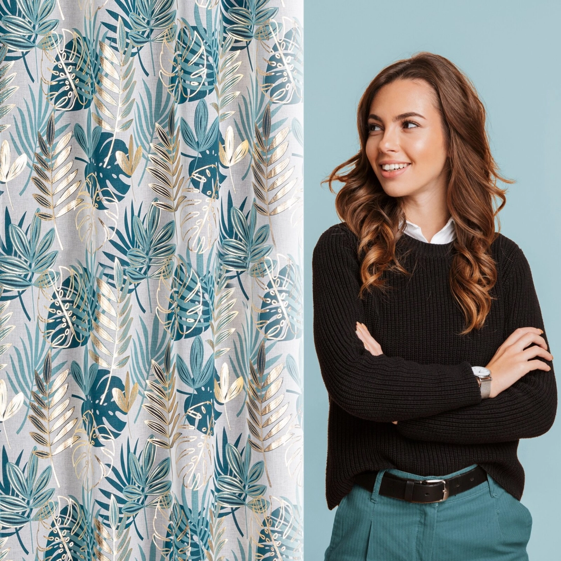 Záves 140x250 cm s motívom tyrkysovo zlatých listov na kovové krúžky KERI