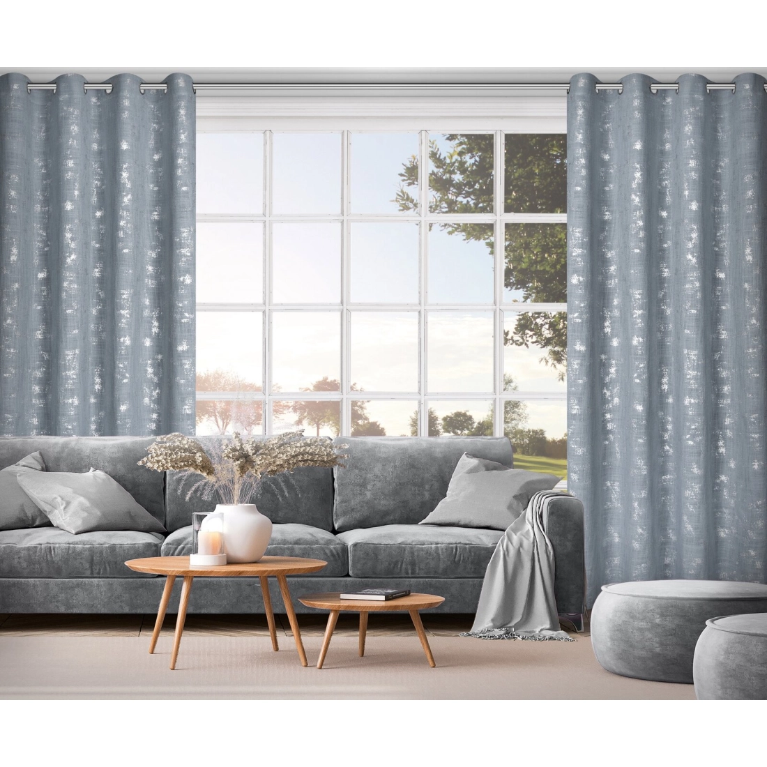 Závěs 140x250 cm světle modrý stříbřitý na kovové kroužky SOLANA