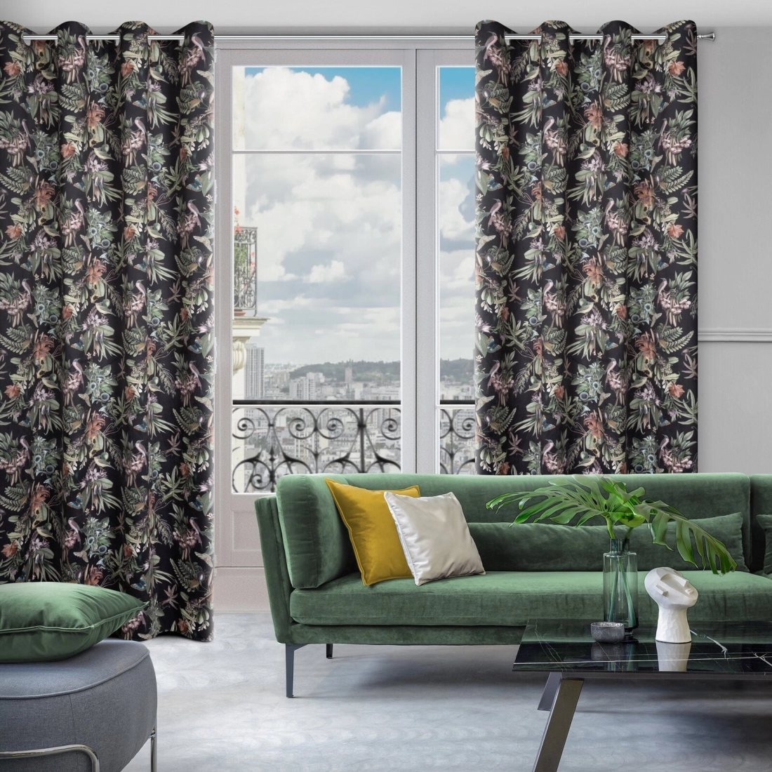 Záves 140x250 cm velúrový čierno-zelený na kovové krúžky BECKY