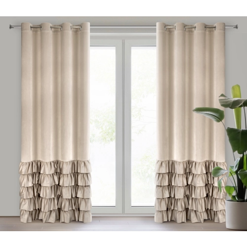 Sametový béžový závěs 140x250 cm s volánky na kovových kroužcích DANI