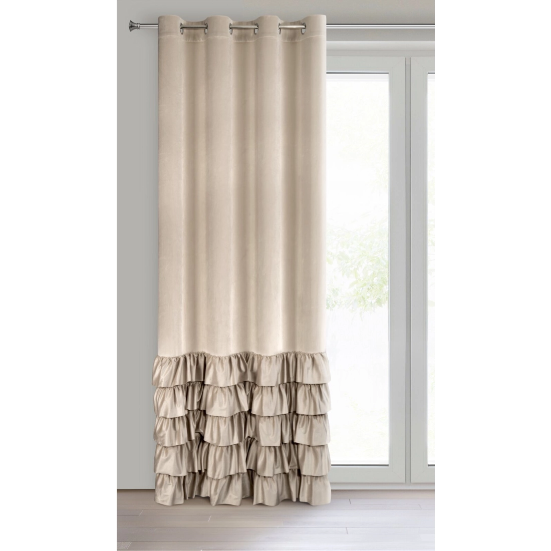 Sametový béžový závěs 140x250 cm s volánky na kovových kroužcích DANI