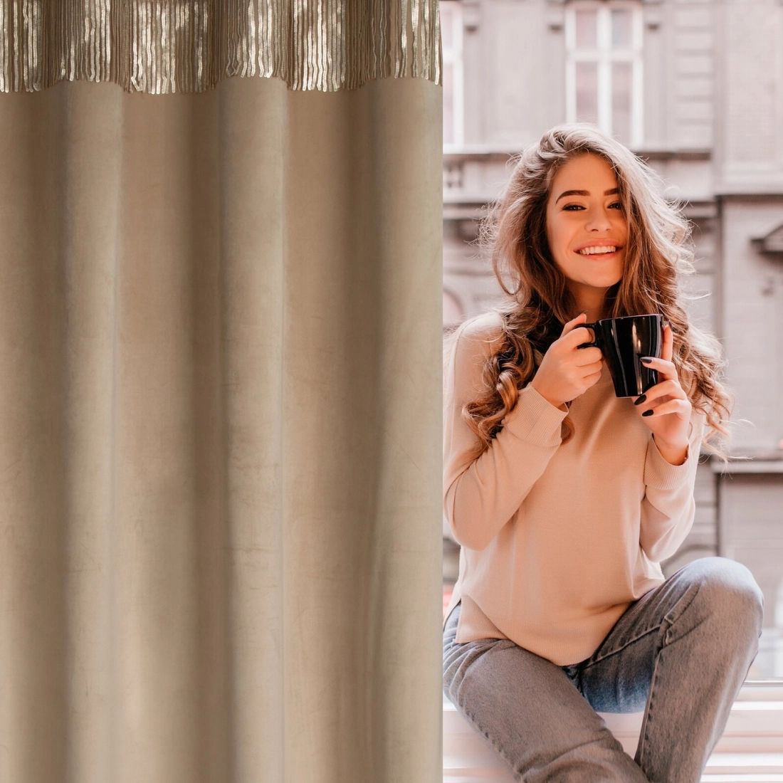 Záves 140x250 cm zamatový béžový, šampanský na kovové krúžky JASPER