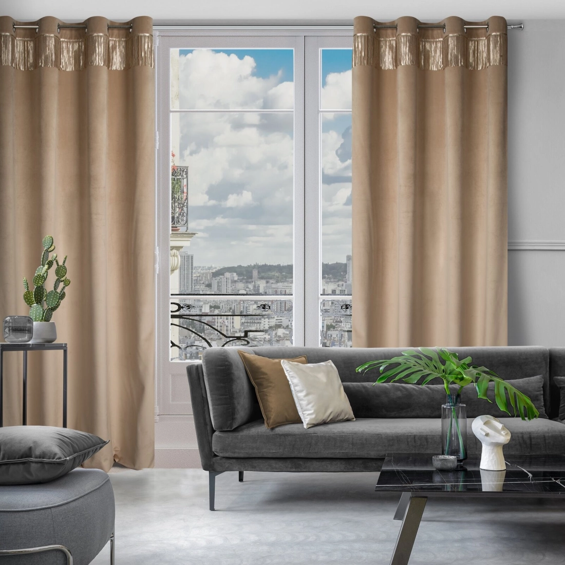 Záves 140x250 cm zamatový béžový, šampanský na kovové krúžky JASPER