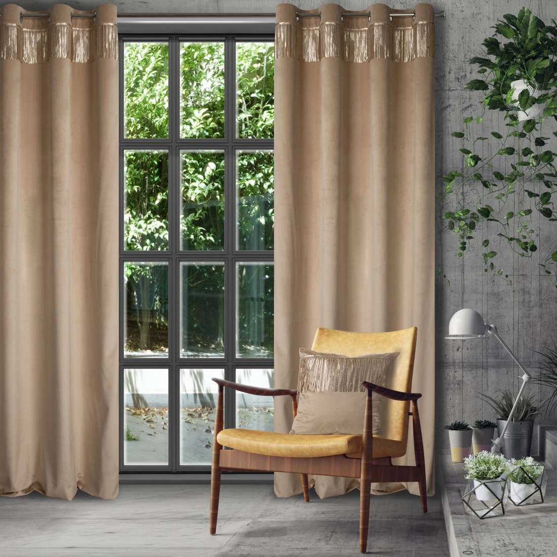 Záves 140x250 cm zamatový béžový, šampanský na kovové krúžky JASPER