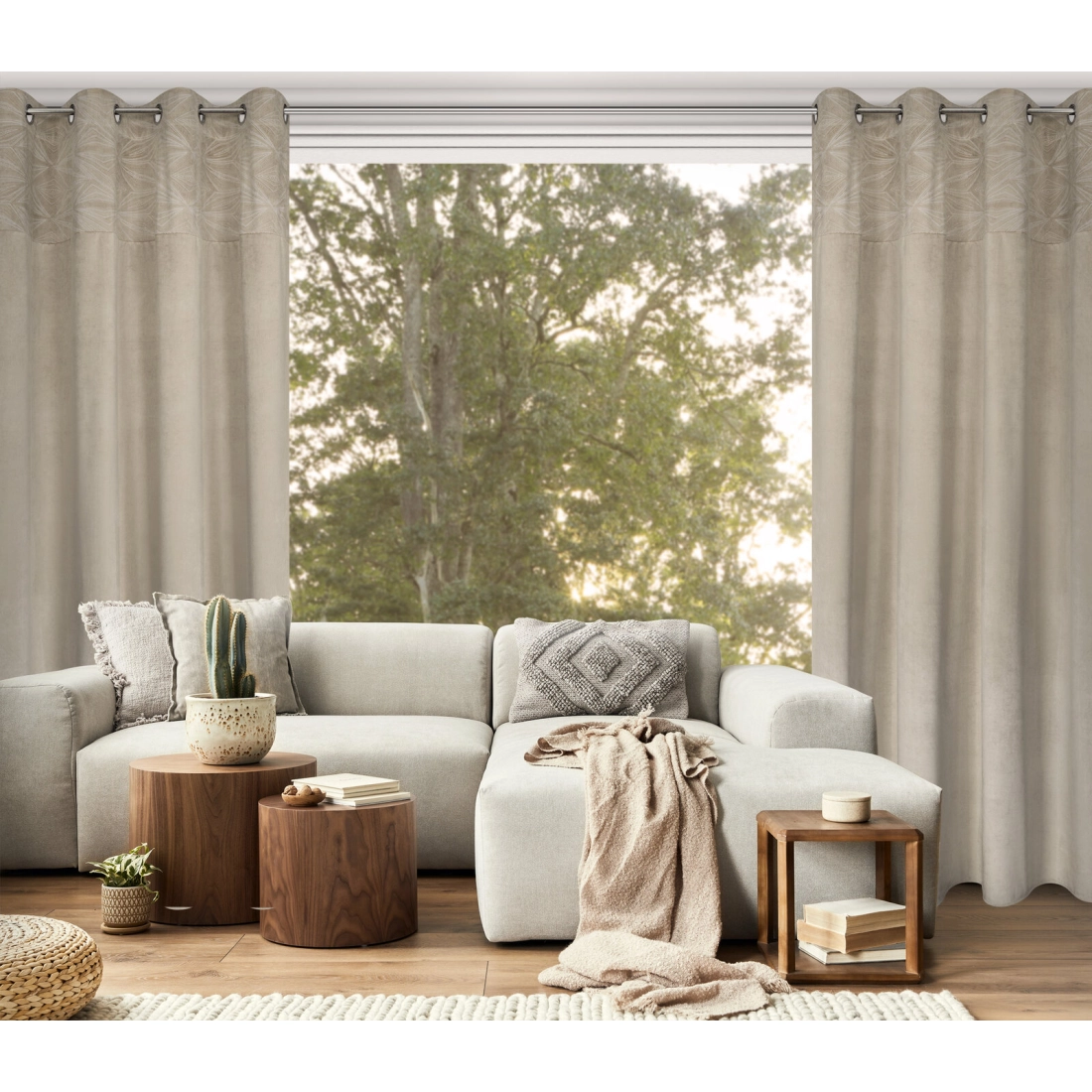 Sametový závěs 140 x 250 cm béžový, stříbrný na kovové kroužky ARIANA