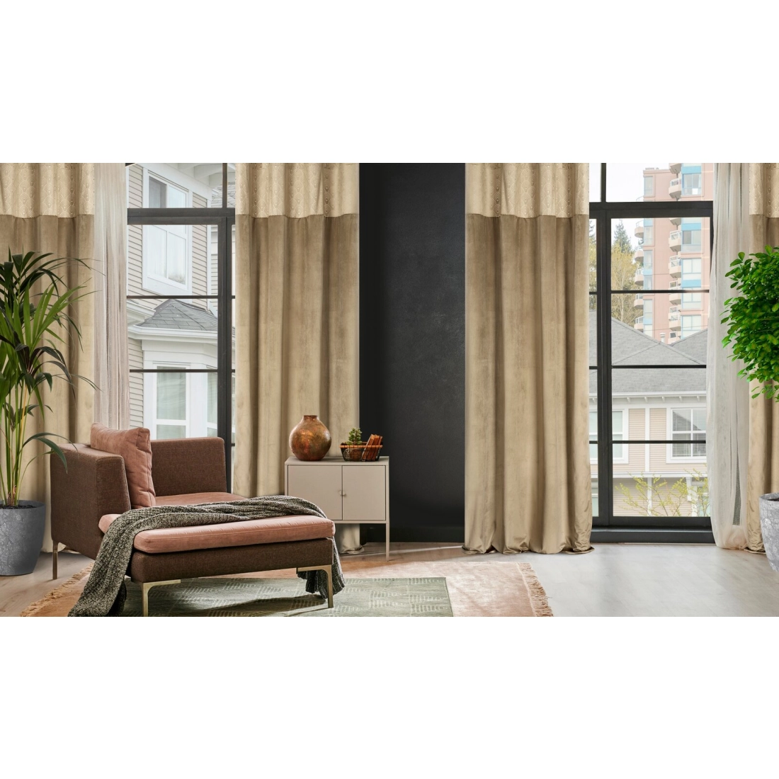 Závěs 140 x 250 cm sametový béžový zlatý s kovovými kroužky AGNES Design 91