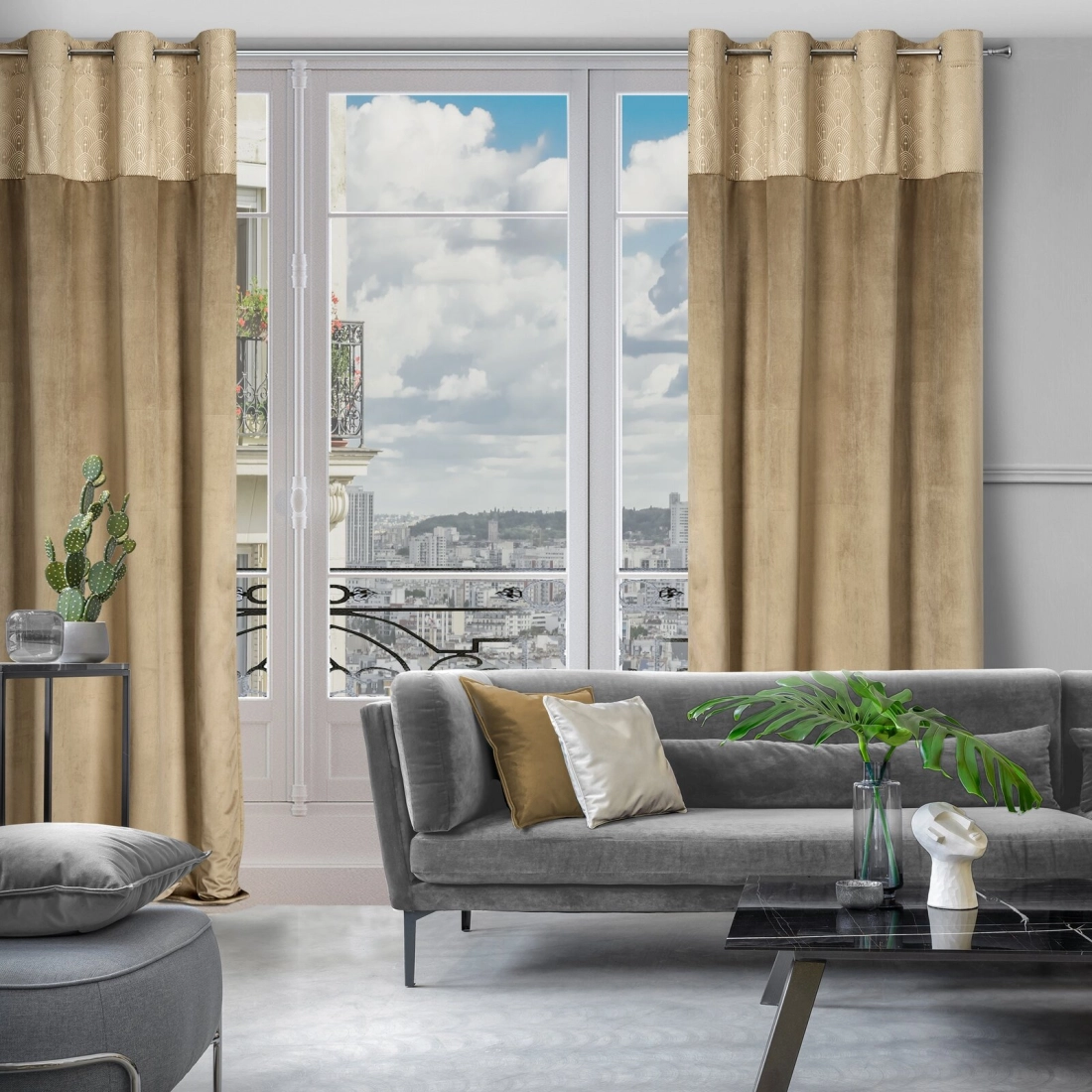 Závěs 140 x 250 cm sametový béžový zlatý s kovovými kroužky AGNES Design 91