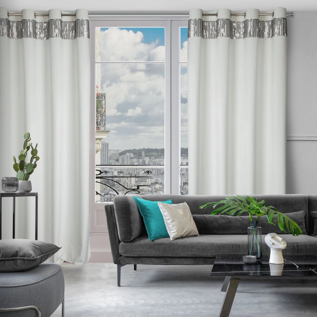 Záves 140x250 cm zamatový biely, strieborný na kovové krúžky JASPER